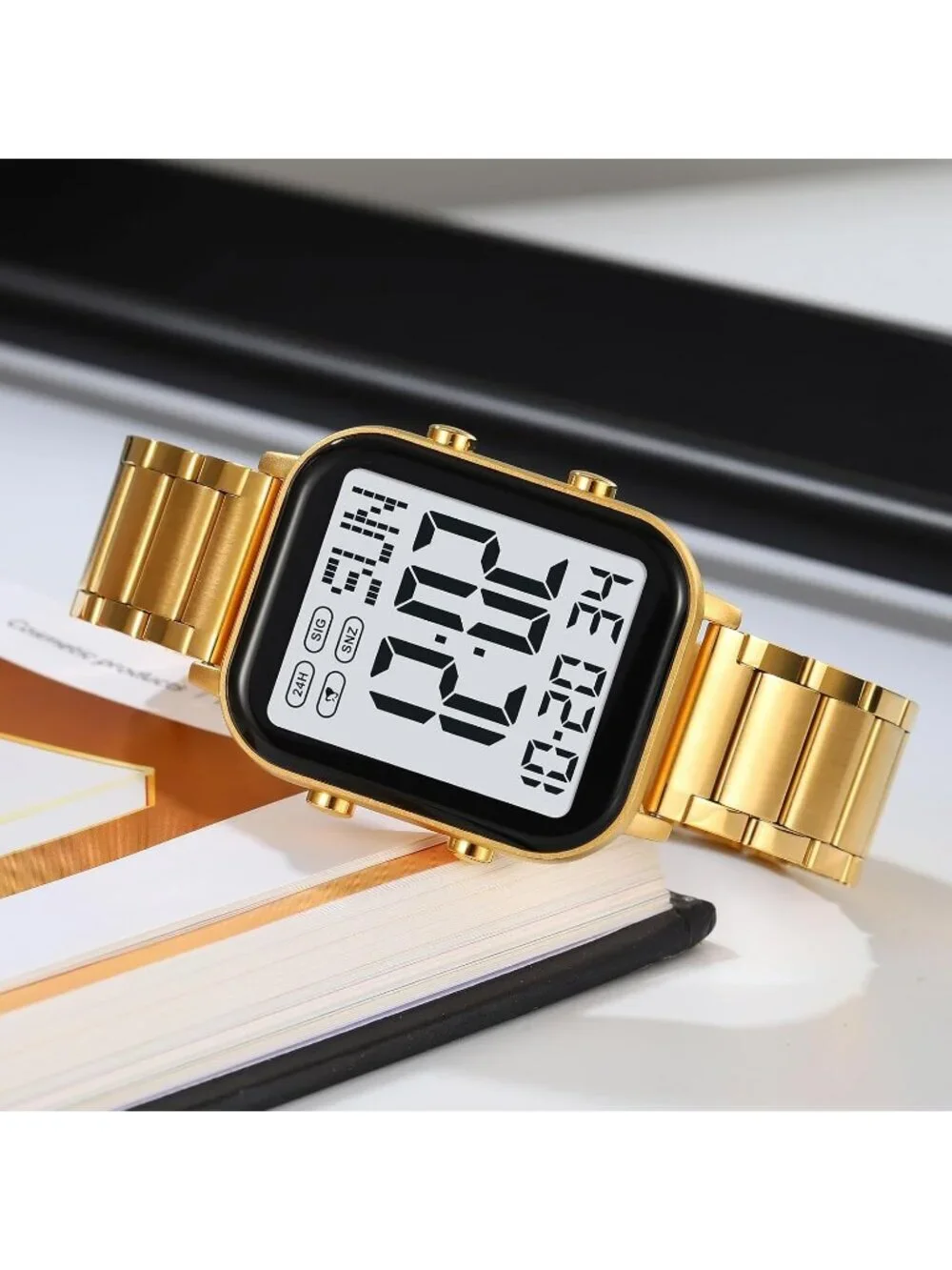 Unisex Gold Analog Stainless Steel Waterproof Electronic Square Digital Watch